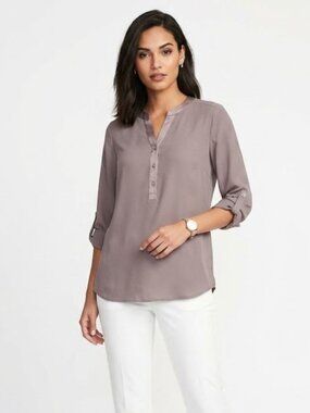 Chico’s Women’s Popover Top Split V Neck Roll Tab Long Sleeves Taupe Size Small